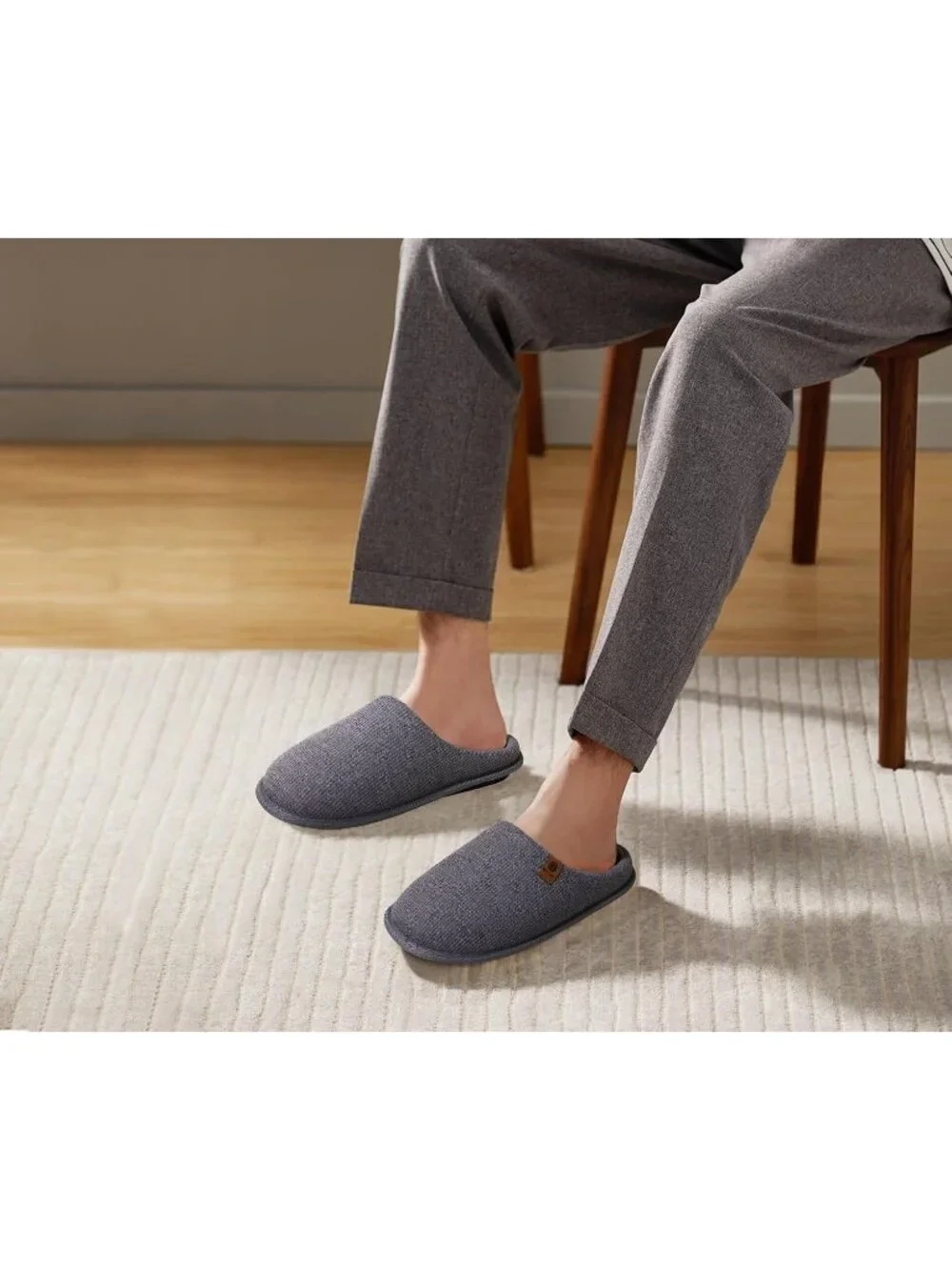 Men's Grey Cushion Memory Foam Shake Fleece Faux Fur Lining House Slipper Shoes
